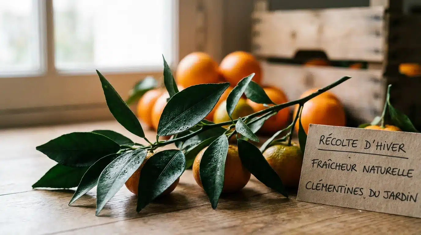 Feuilles de clémentine vertes sur une branche avec des fruits en arrière-plan