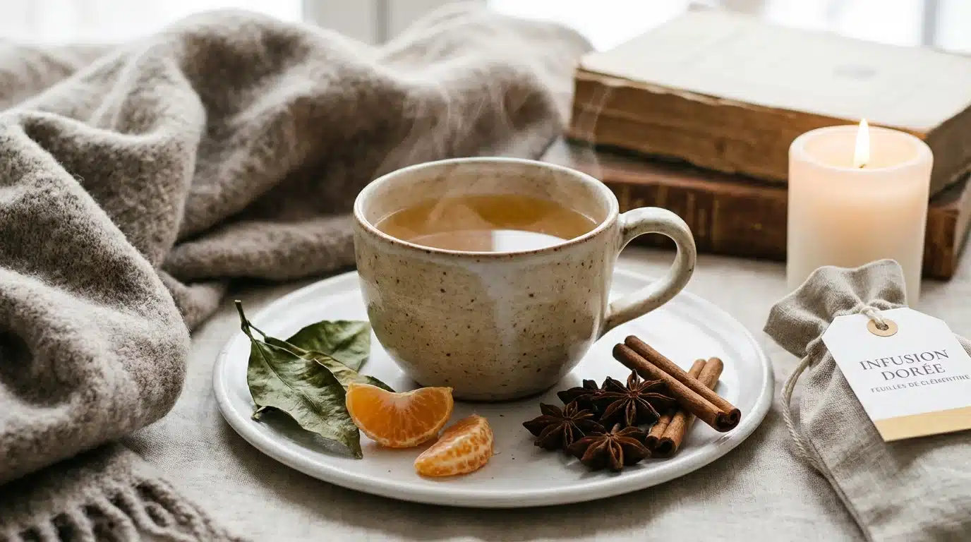 Infusion de feuilles de clémentine dans une tasse avec des feuilles séchées
