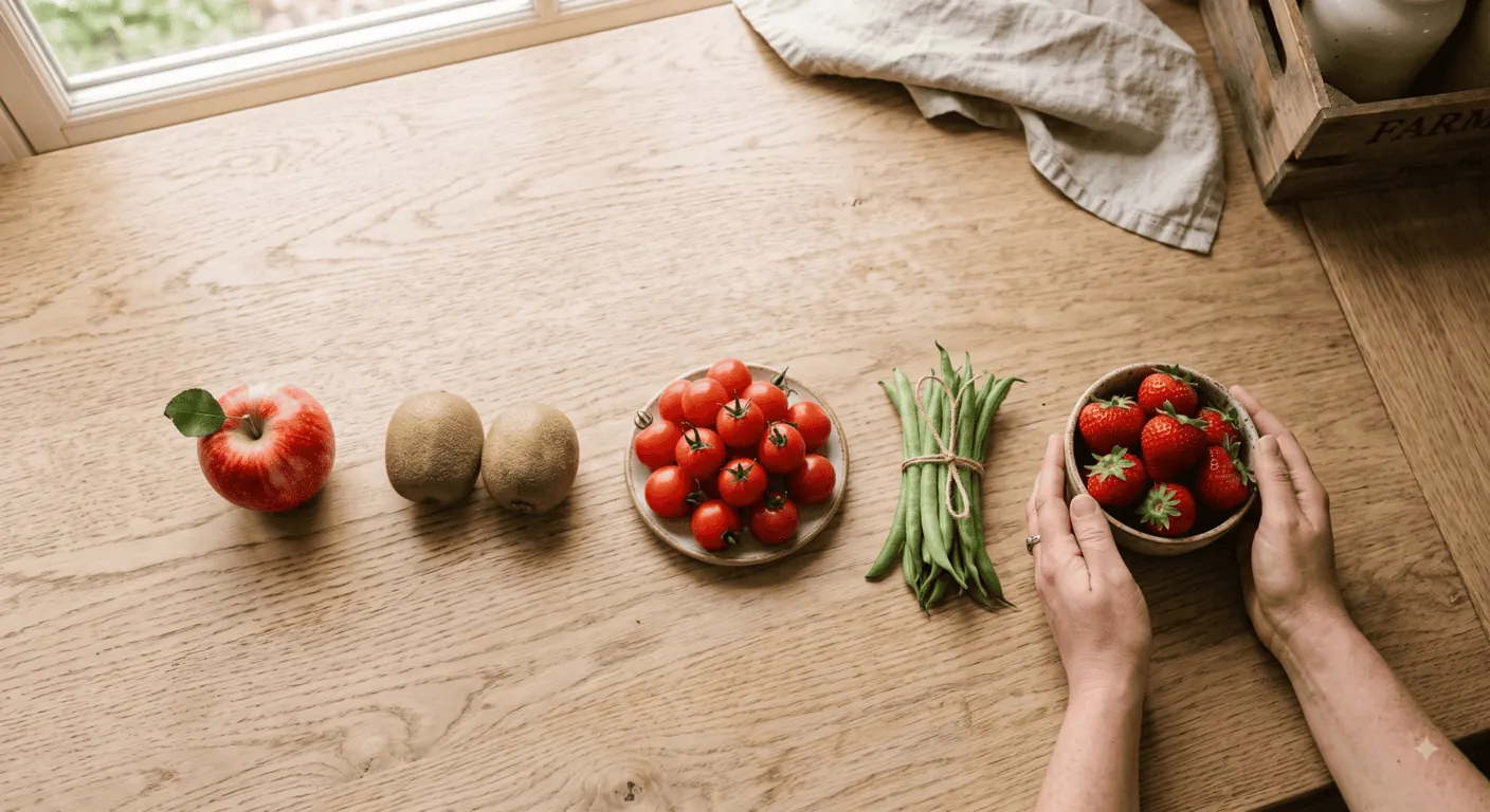 Cinq portions de fruits et légumes de 80 g alignées sur un plan de travail, soit les 400 g recommandés par jour