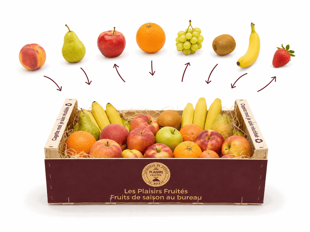 Pêche, poire, pomme, orange, raisin, kiwi, banane et fraise ajoutés un à un dans un cageot de fruits Les Plaisirs Fruités personnalisé