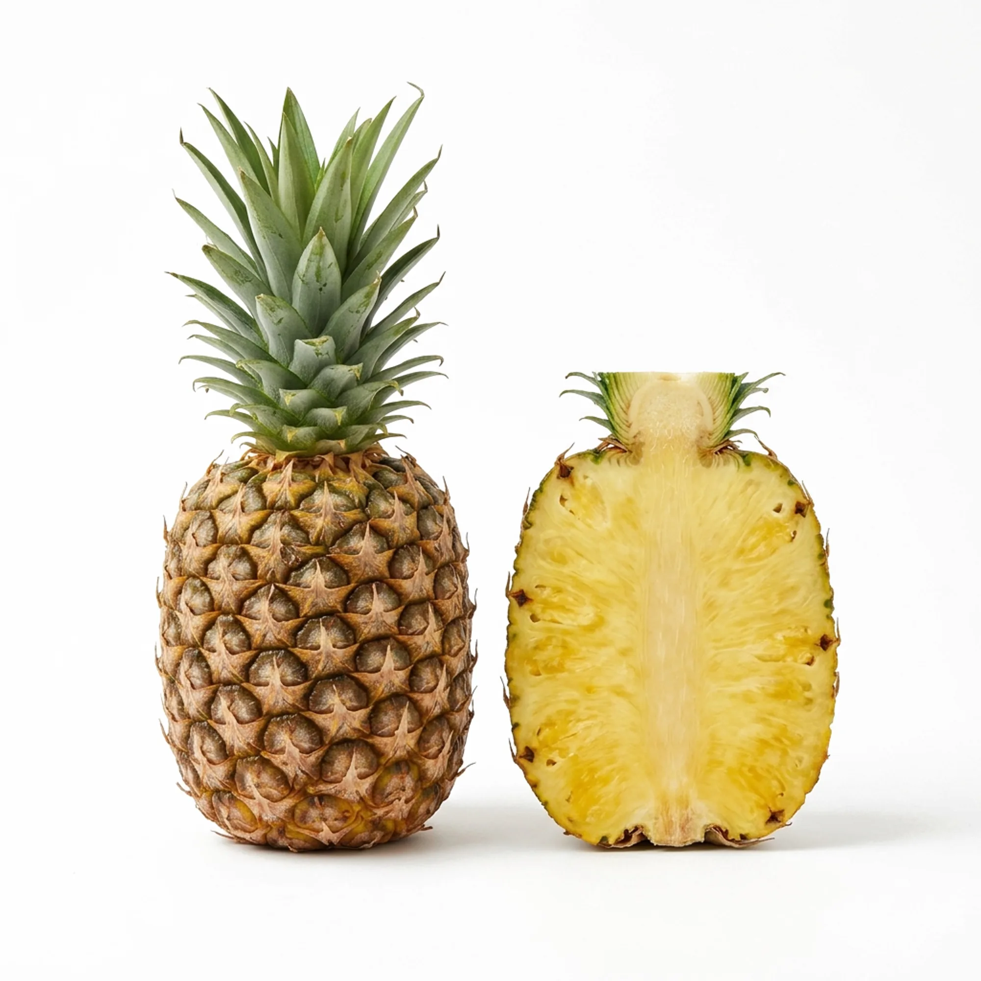Ananas entier et coupé sur fond blanc