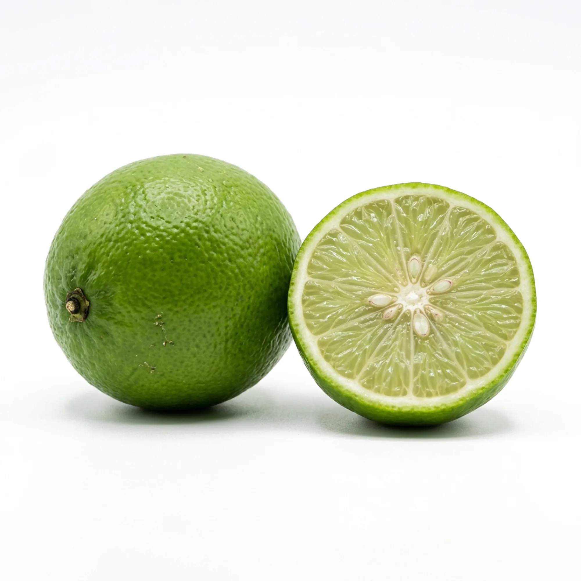 Citron vert entier et coupé sur fond blanc