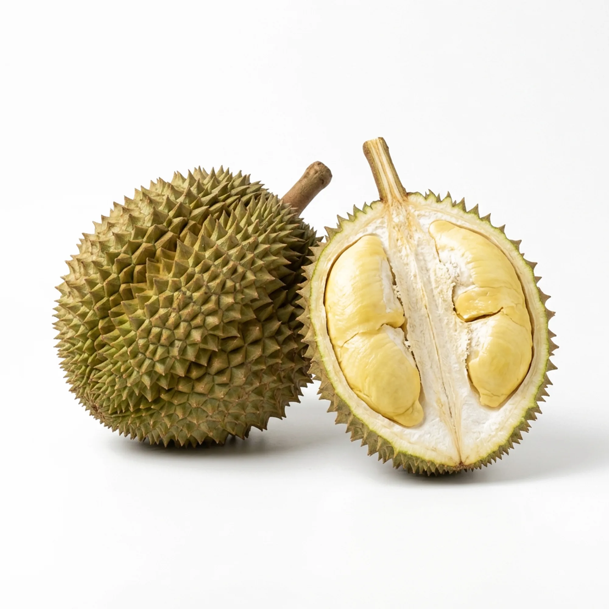 Durian entier et coupé sur fond blanc
