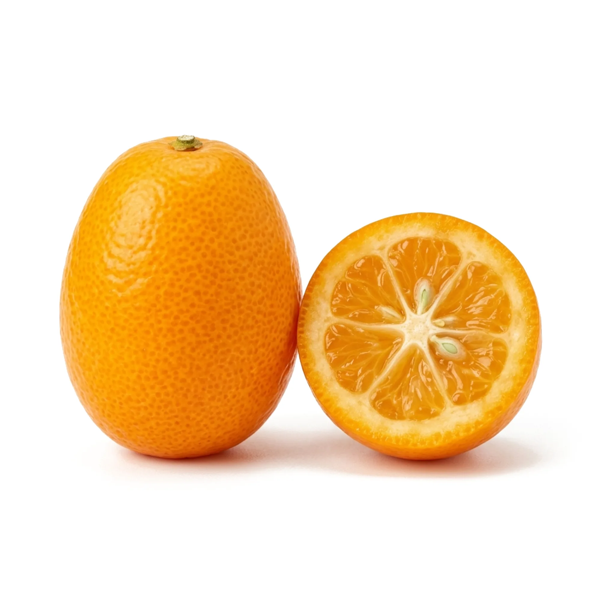 Kumquat entier et coupé sur fond blanc