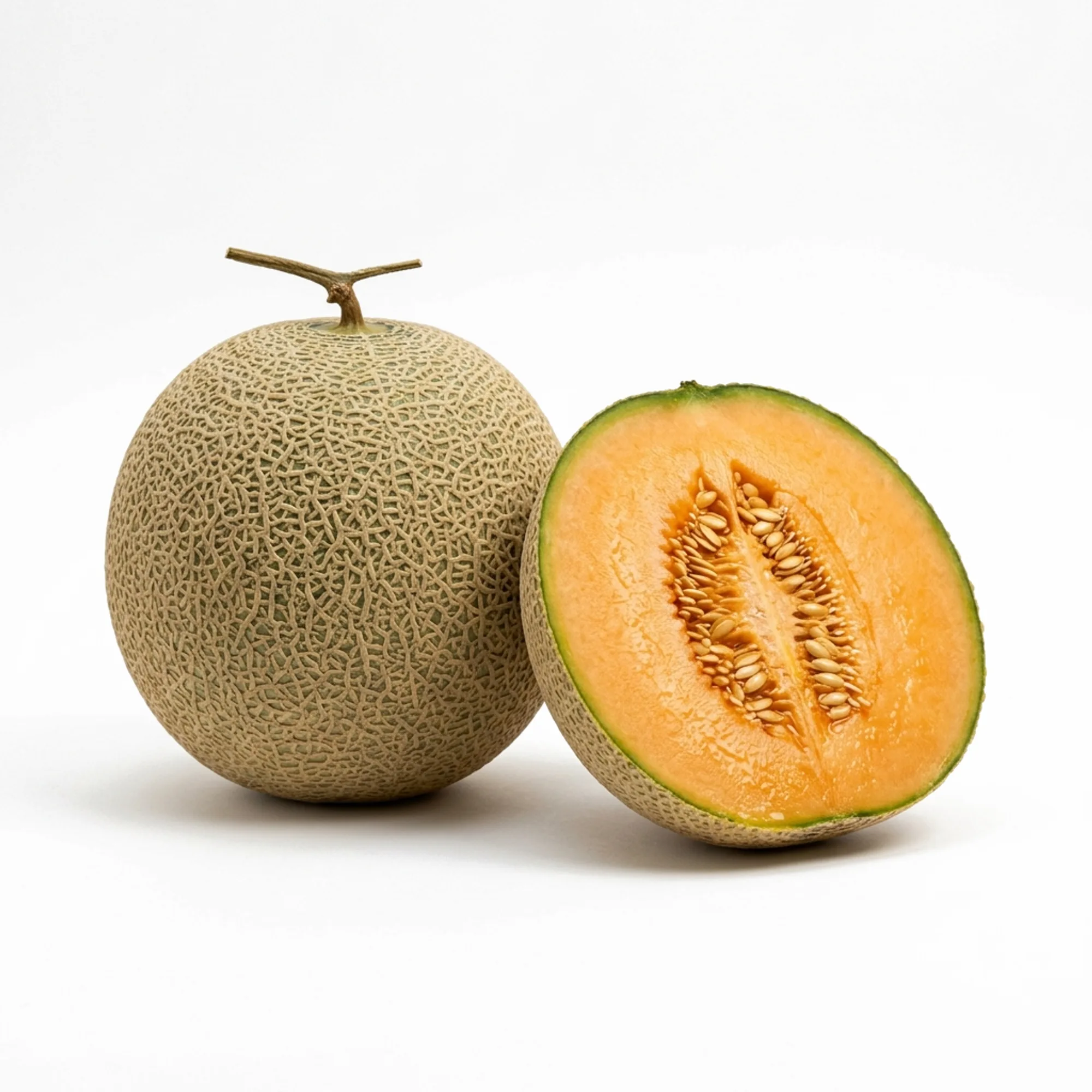 Melon entier et coupé sur fond blanc