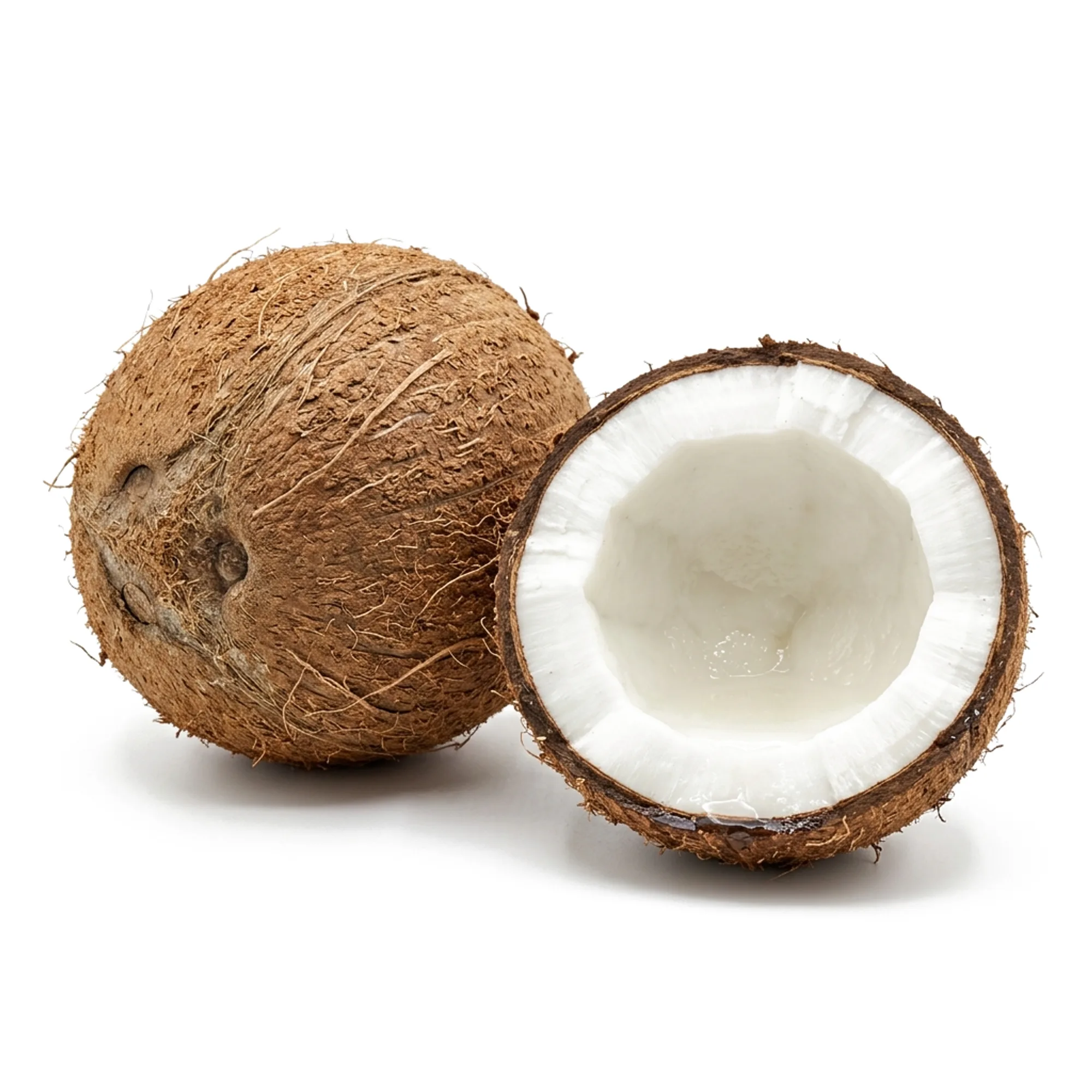 Noix de coco entier et coupé sur fond blanc