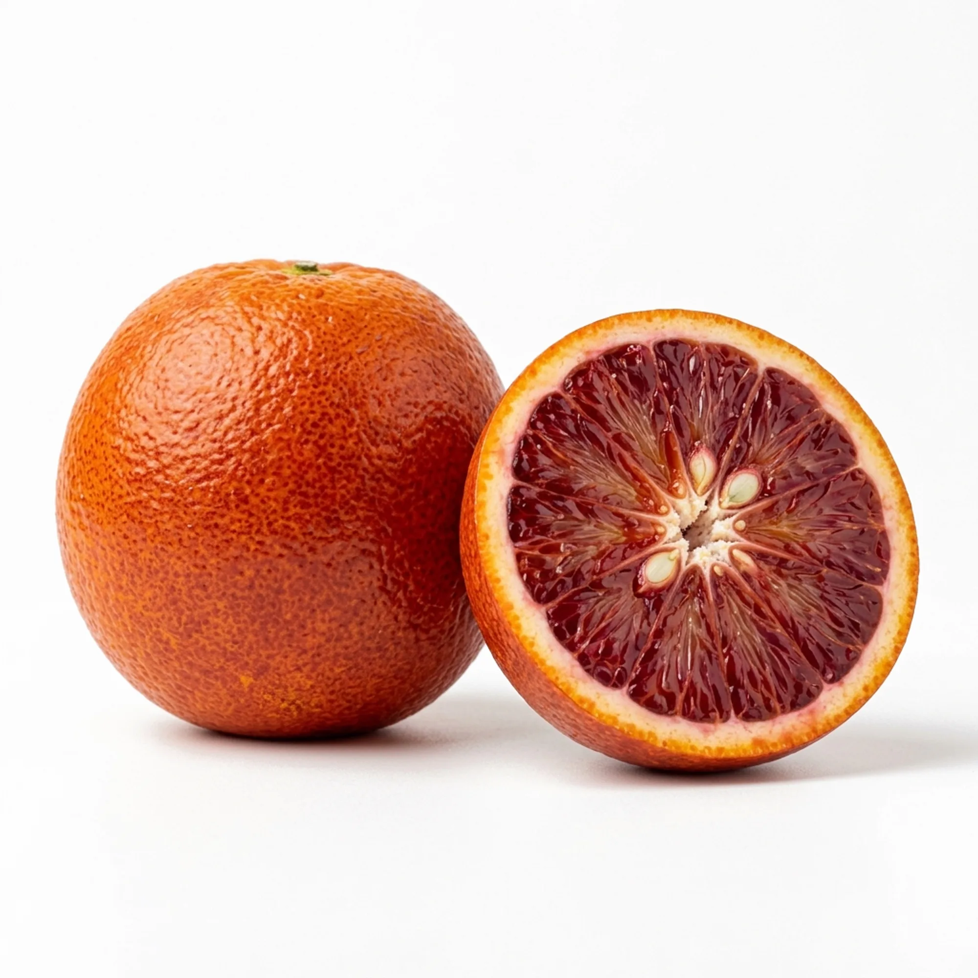 Orange sanguine entier et coupé sur fond blanc