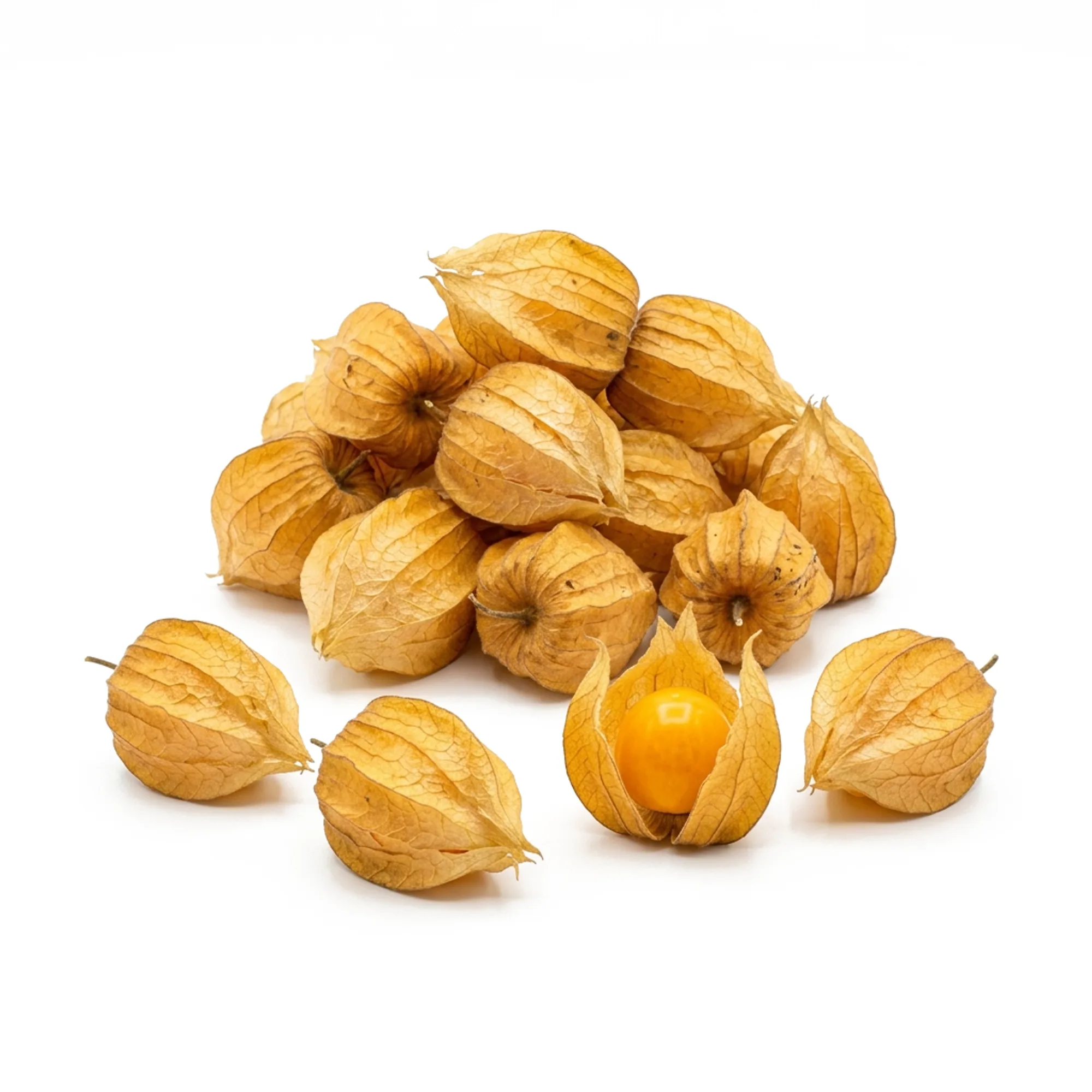 Physalis entier et coupé sur fond blanc