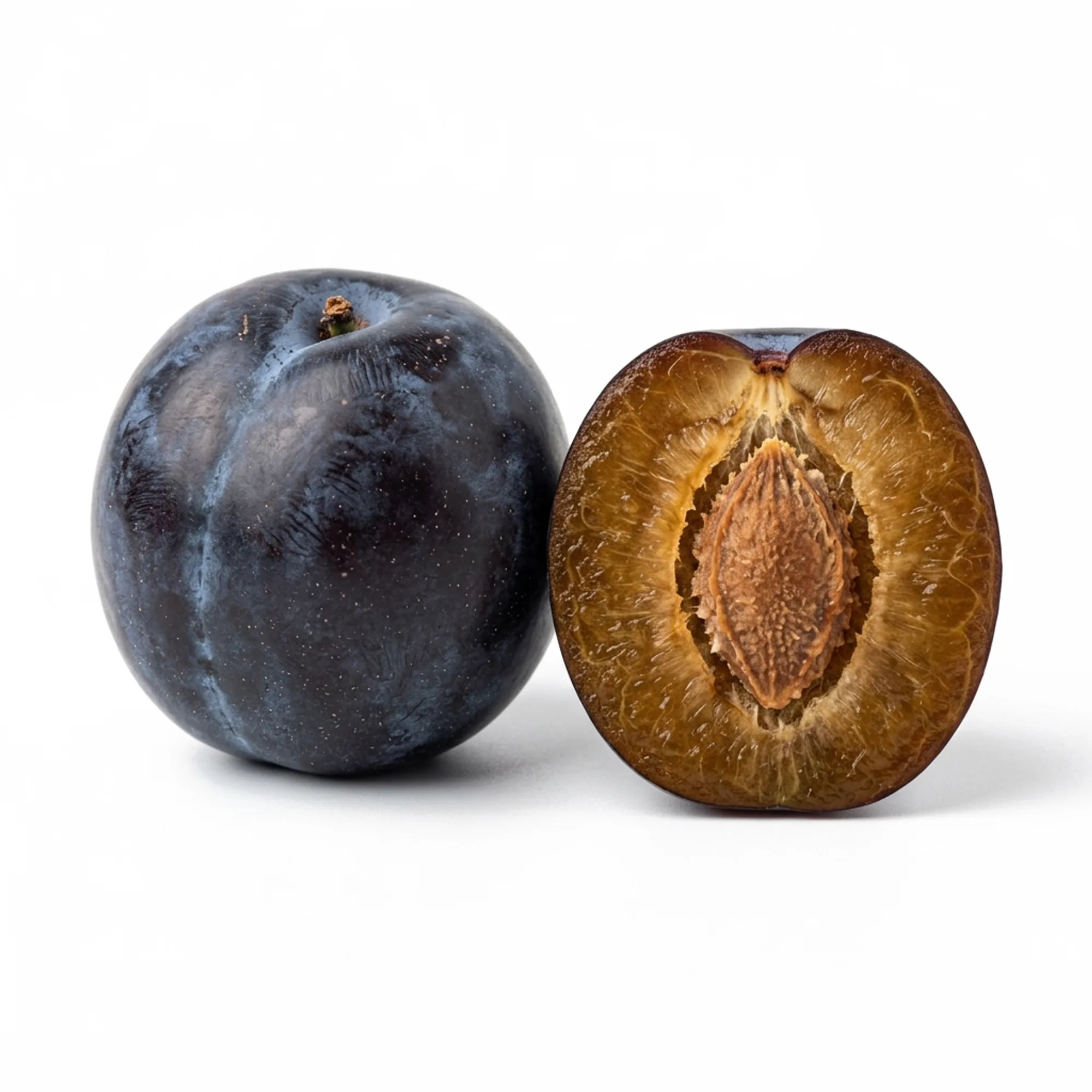 Prune entier et coupé sur fond blanc