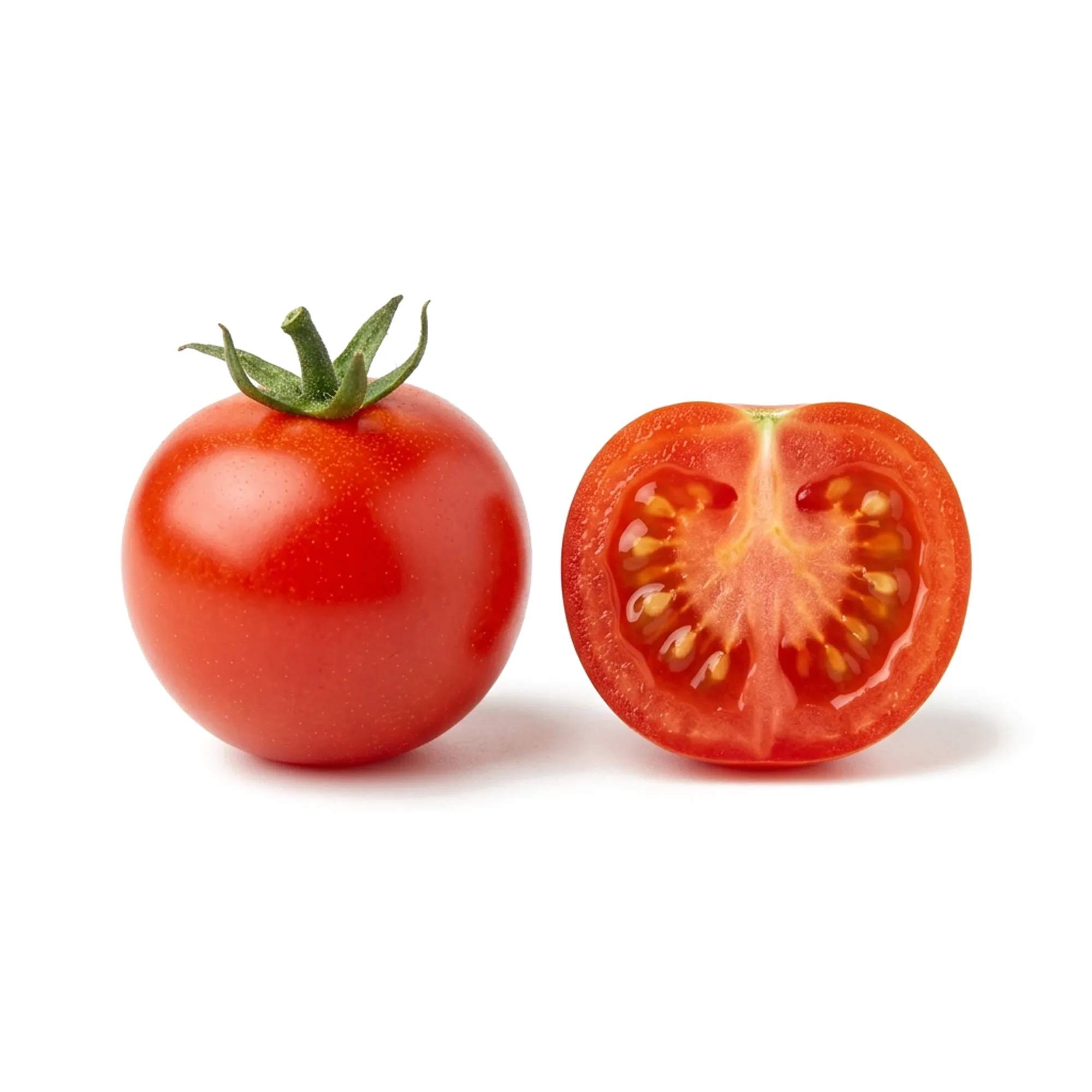 Tomate cerise entier et coupé sur fond blanc