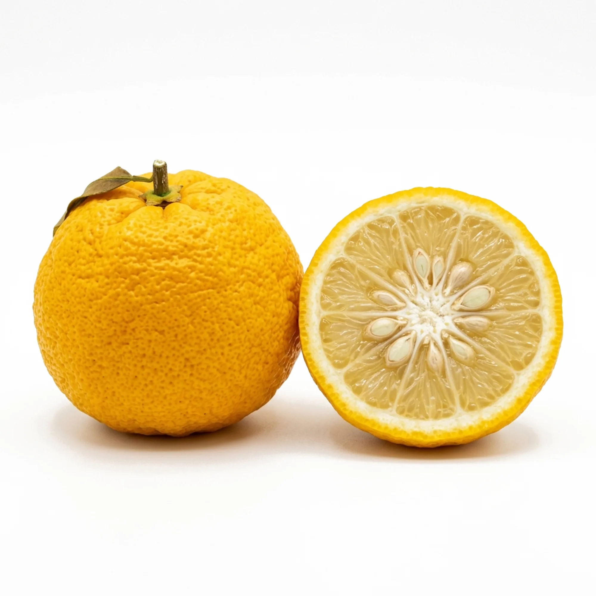 Yuzu entier et coupé sur fond blanc