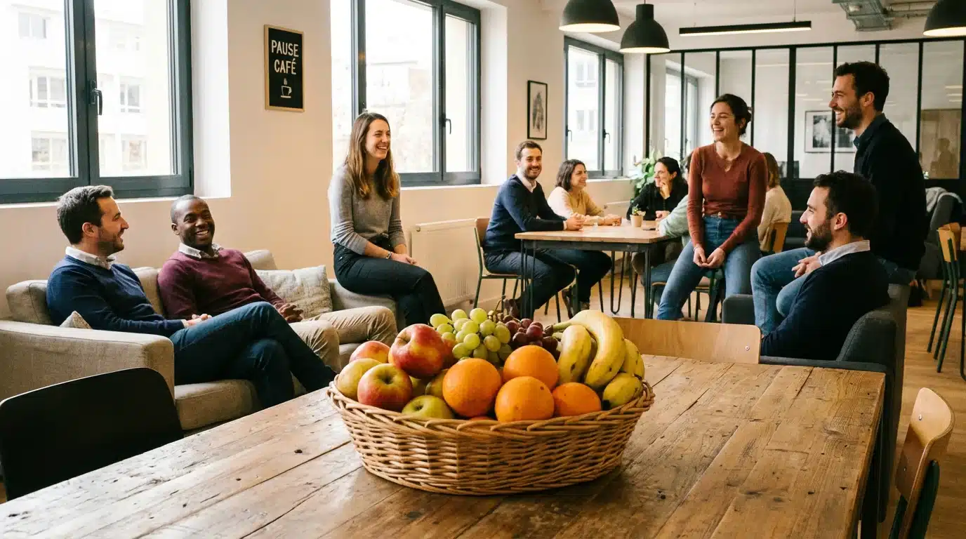 Corbeille de fruits de saison dans une salle de pause en entreprise avec des collègues souriants