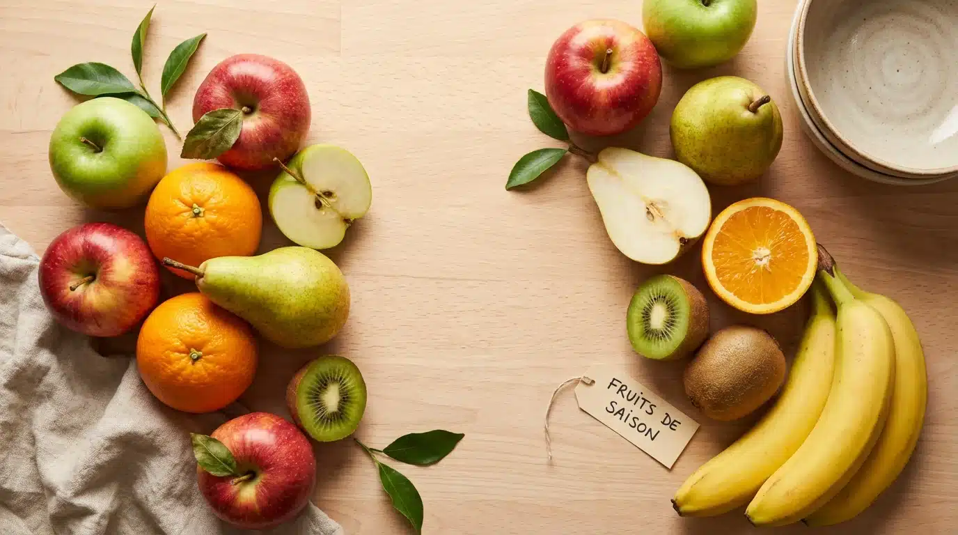 Sélection de fruits de saison variés disposés sur un plan de travail en bois