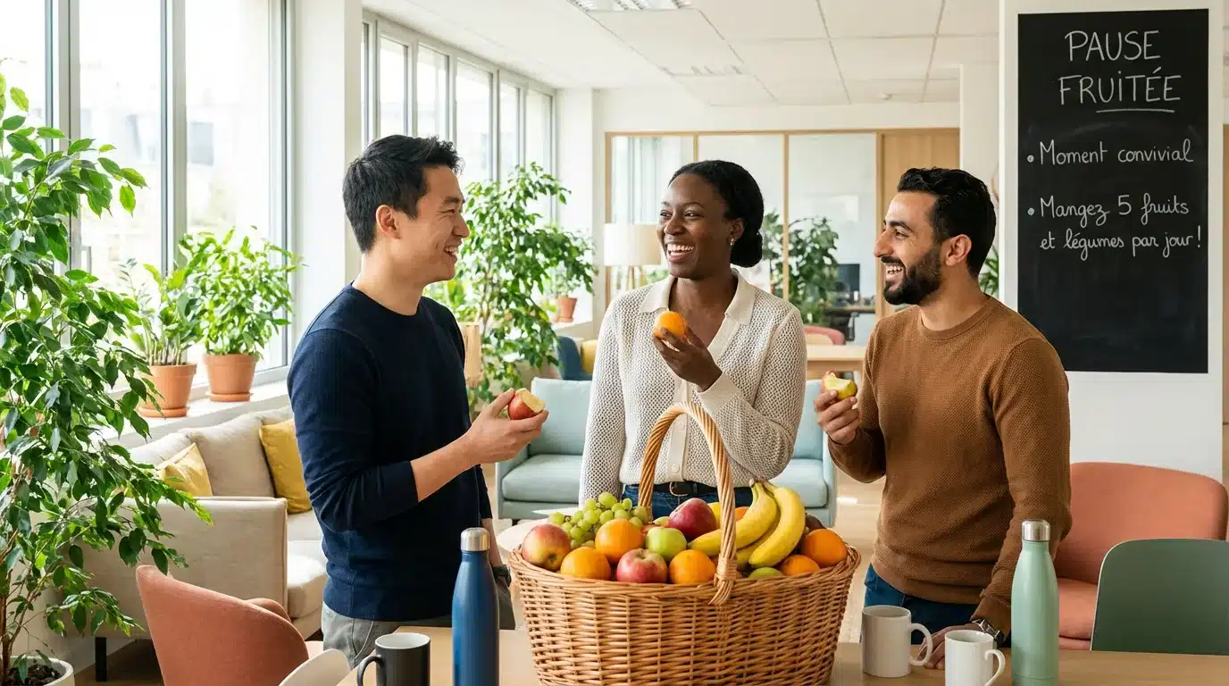 Collègues souriants autour d'un panier de fruits frais dans un espace de pause au bureau