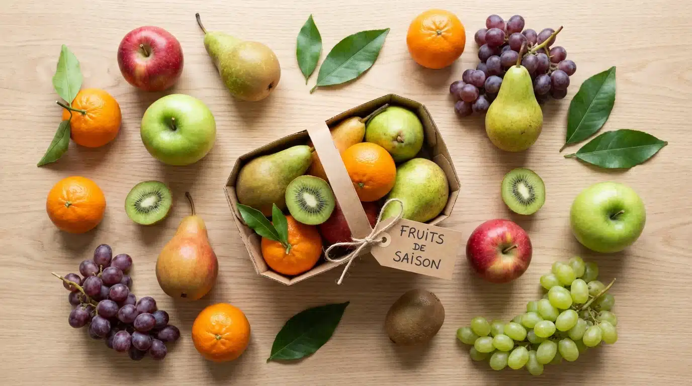 Assortiment de fruits de saison français disposés en flat lay autour d'un panier en carton kraft